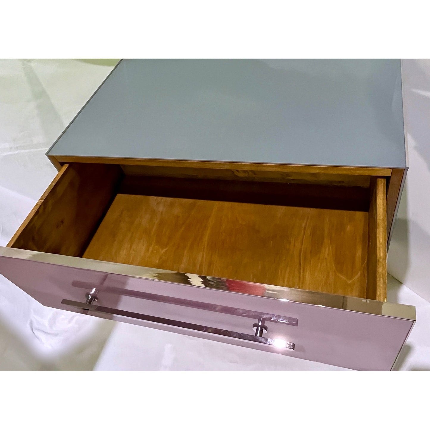 Bespoke Italian Post-Modern Pink Gray Glass 3-Drawer Nickel Chest Nightstand