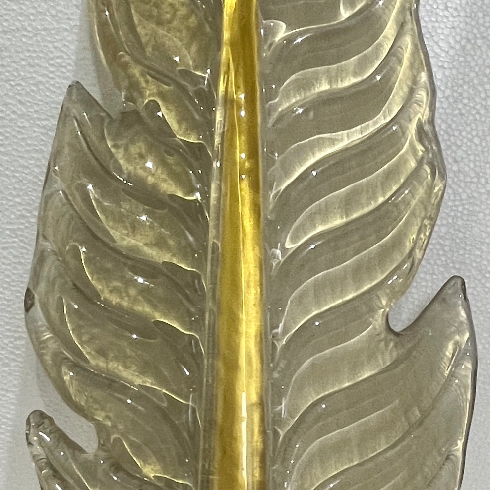 Contemporary Italian Art Deco Pair of Amber Gold Murano Glass Brass Leaf Sconces