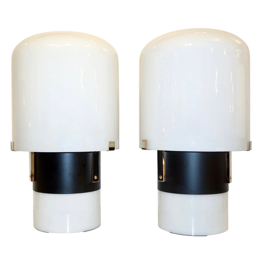 1970 Italian Minimalist Pair of Black White Glass Double-Lit Lucite Modern Table Lamps