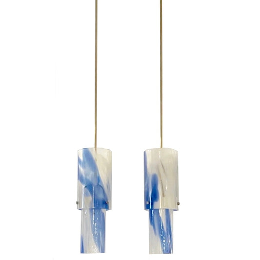 1960s Italian Vintage Venini White Blue Gold Cylindrical Brass Pendants