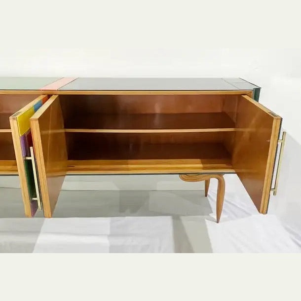 Italian Vintage Mondrian Style Green Orange Yellow Blue Glass 4-Door Sideboard