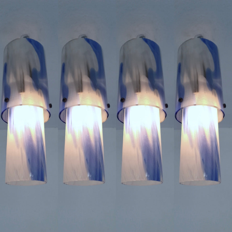 1960s Venini Organic White Blue Gold Murano Glass Tall Pair Modern Pendants