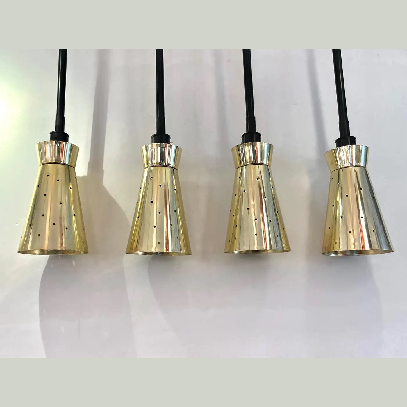LUCI Set of 4 Italian Mid-Century Black & Perforated Brass Cone Pendant Lights