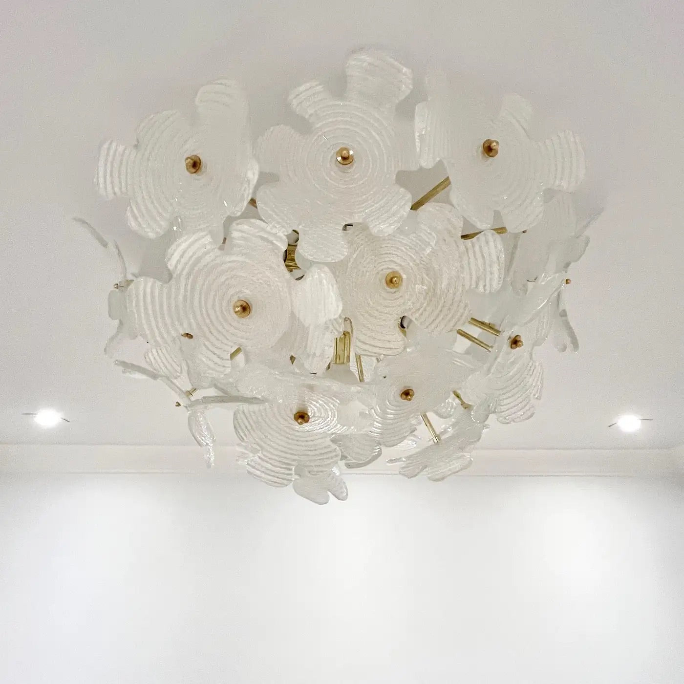Contemporary Italian Brass & Satin White Murano Glass Flower Sputnik Flushmount