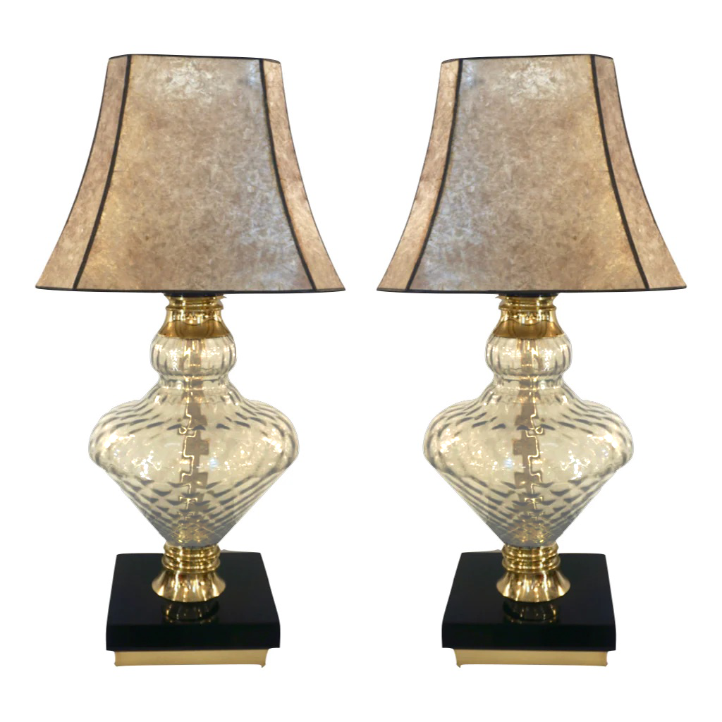 1980 Italian Vintage Pair of Smoked Murano Glass Lamps with Black & Brass Accent