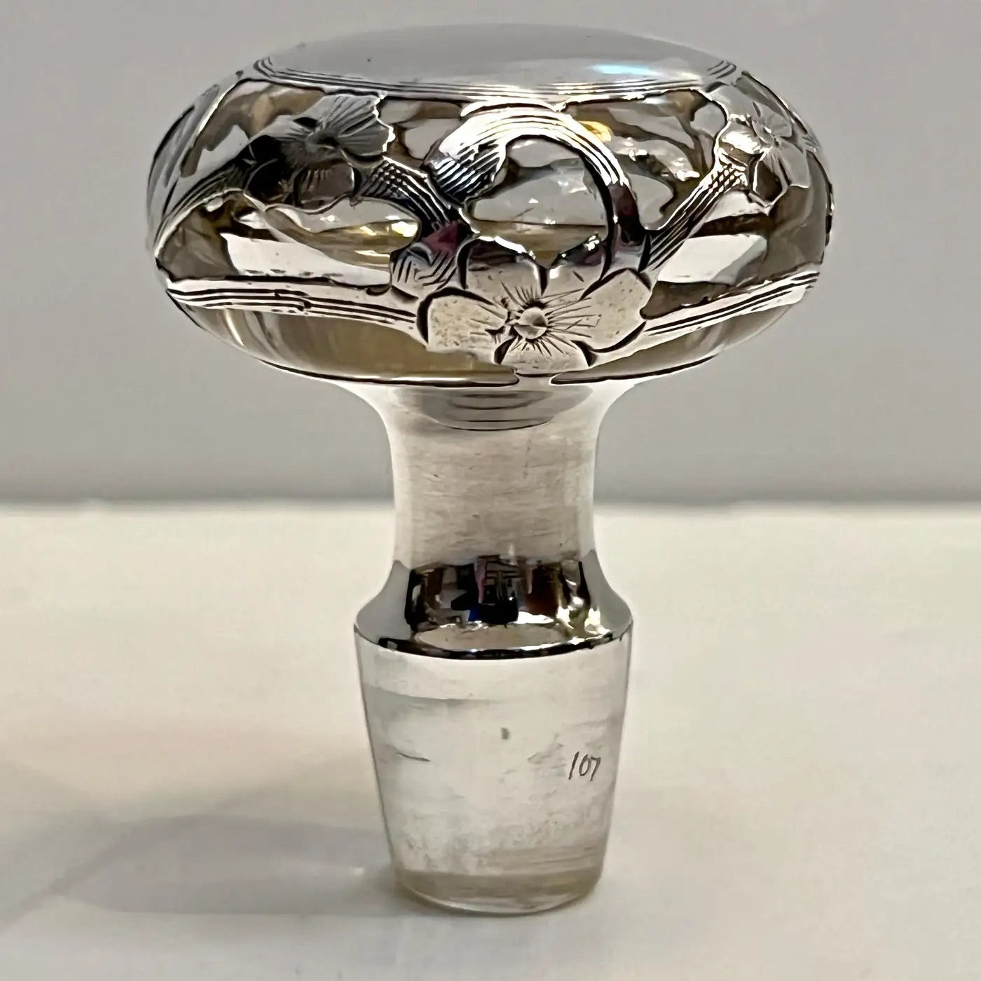 French Art Deco Sterling Silver Flower Overlay Crystal Glass Perfume Bottle
