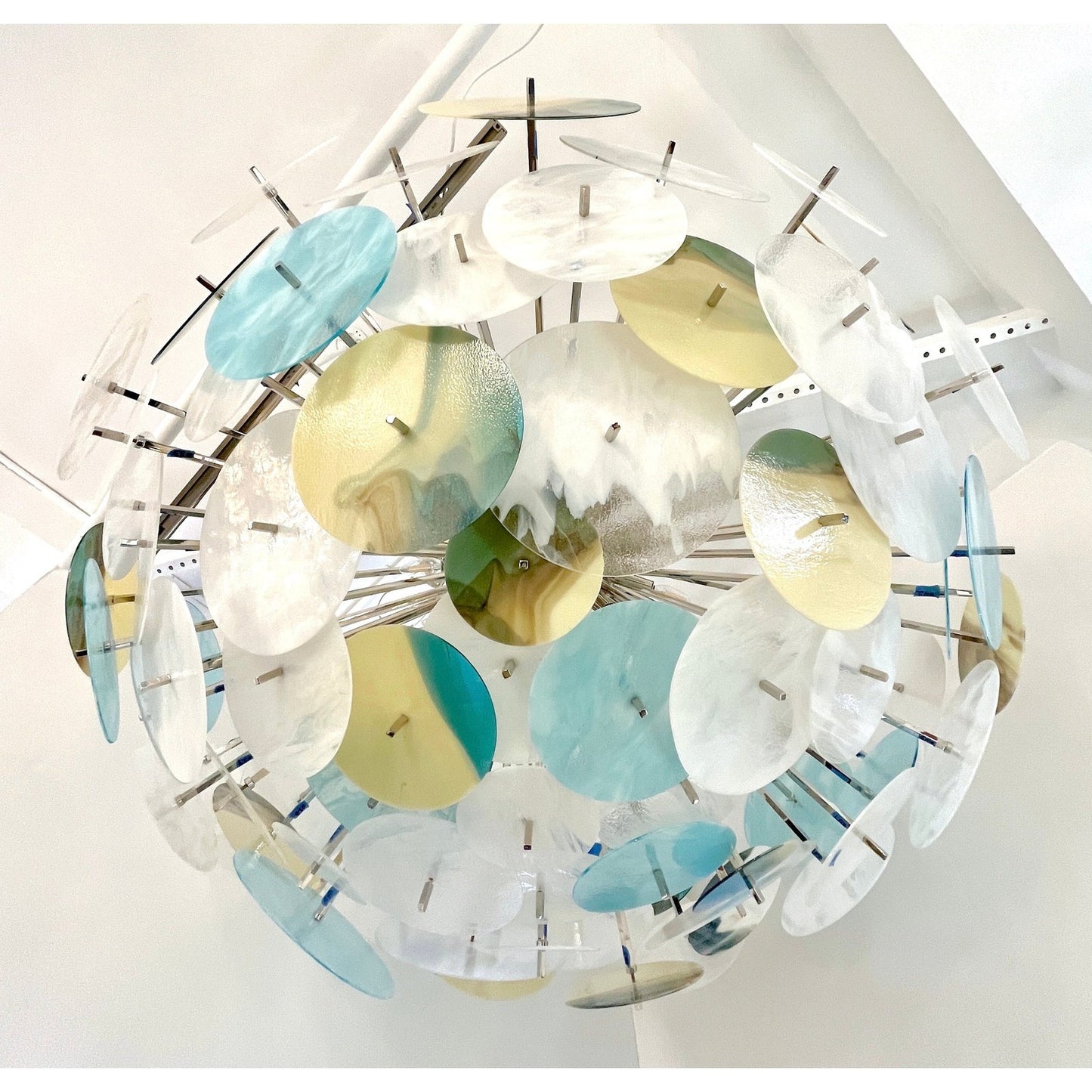 Modern Italian White Aqua Blue Yellow Murano Glass Nickel Sputnik Flushmount