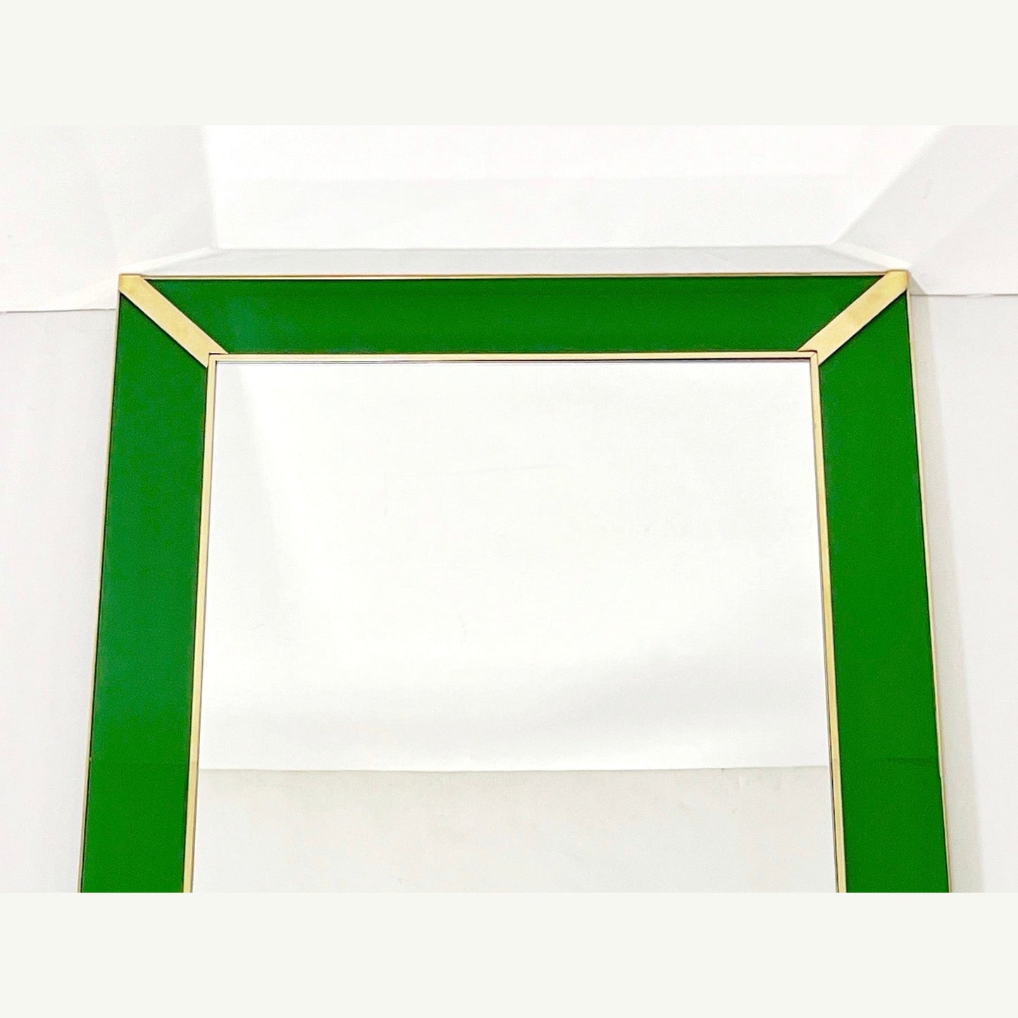Contemporary Italian Minimalist Design Green Glass Mirror with Brass Accents
