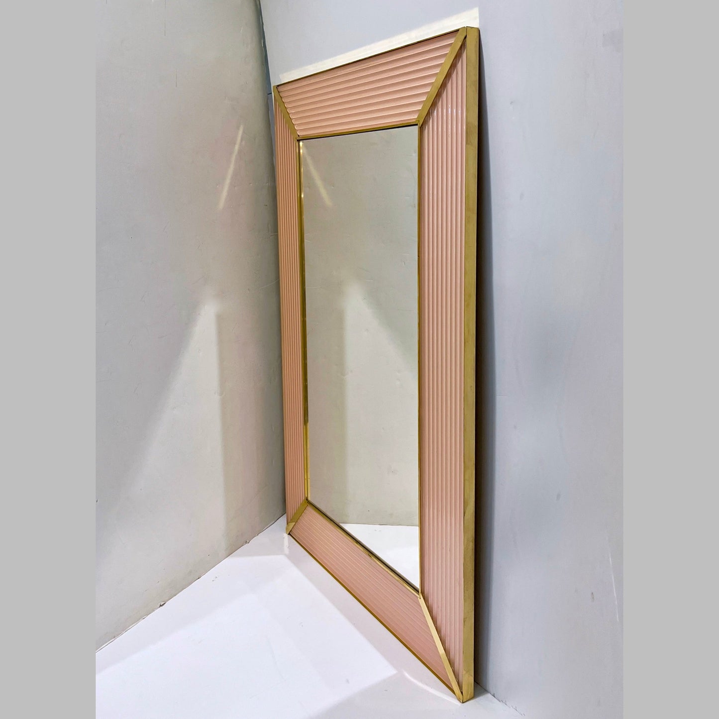 Bespoke Italian Art Deco Design Iridescent Pink Fluted Murano Glass Brass Mirror