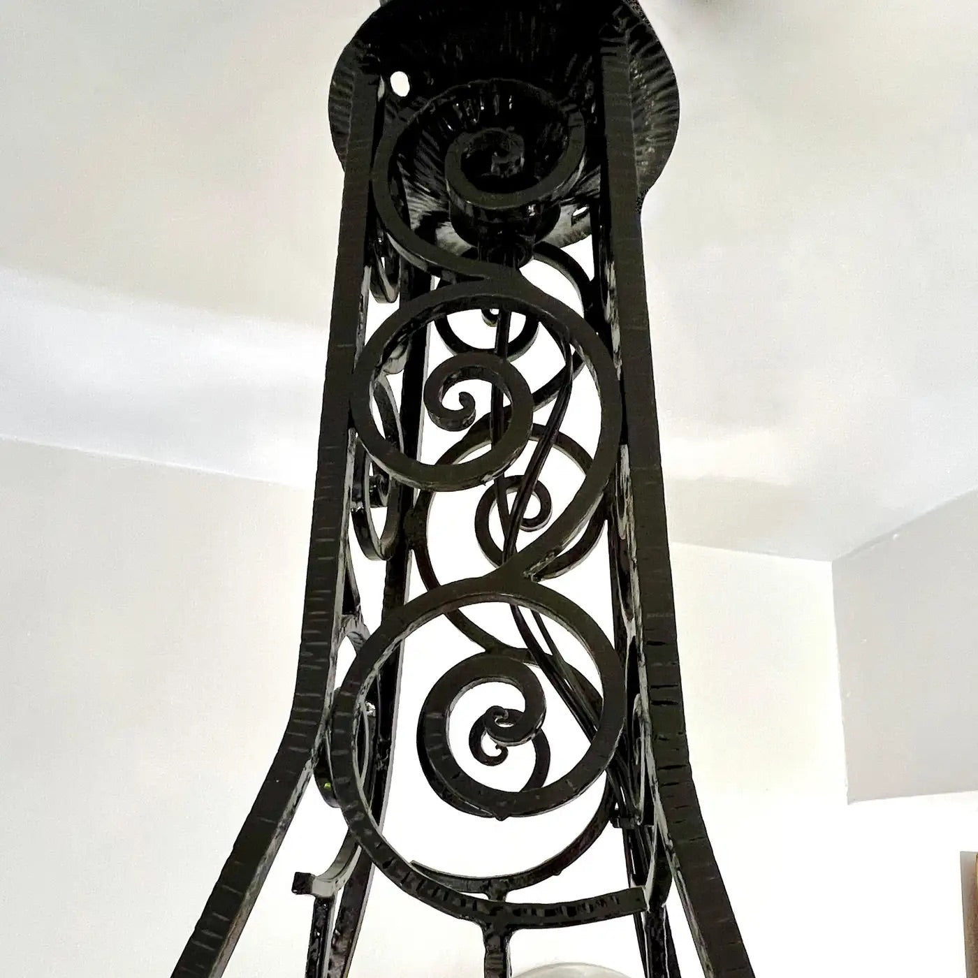 1930s Italian Art Deco White Green Murano Glass Black Iron Chandelier Lantern