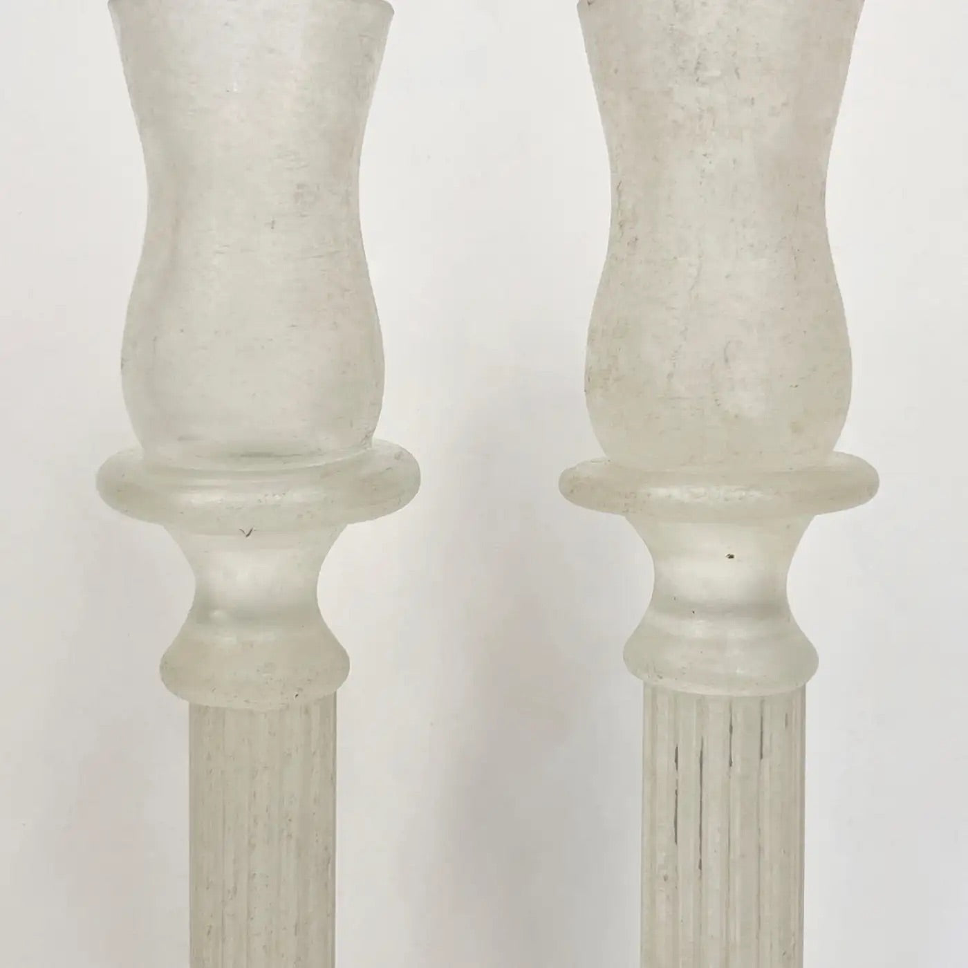 1950s Mid-Century Modern Italian White Grey Scavo Murano Glass Pair Candlesticks