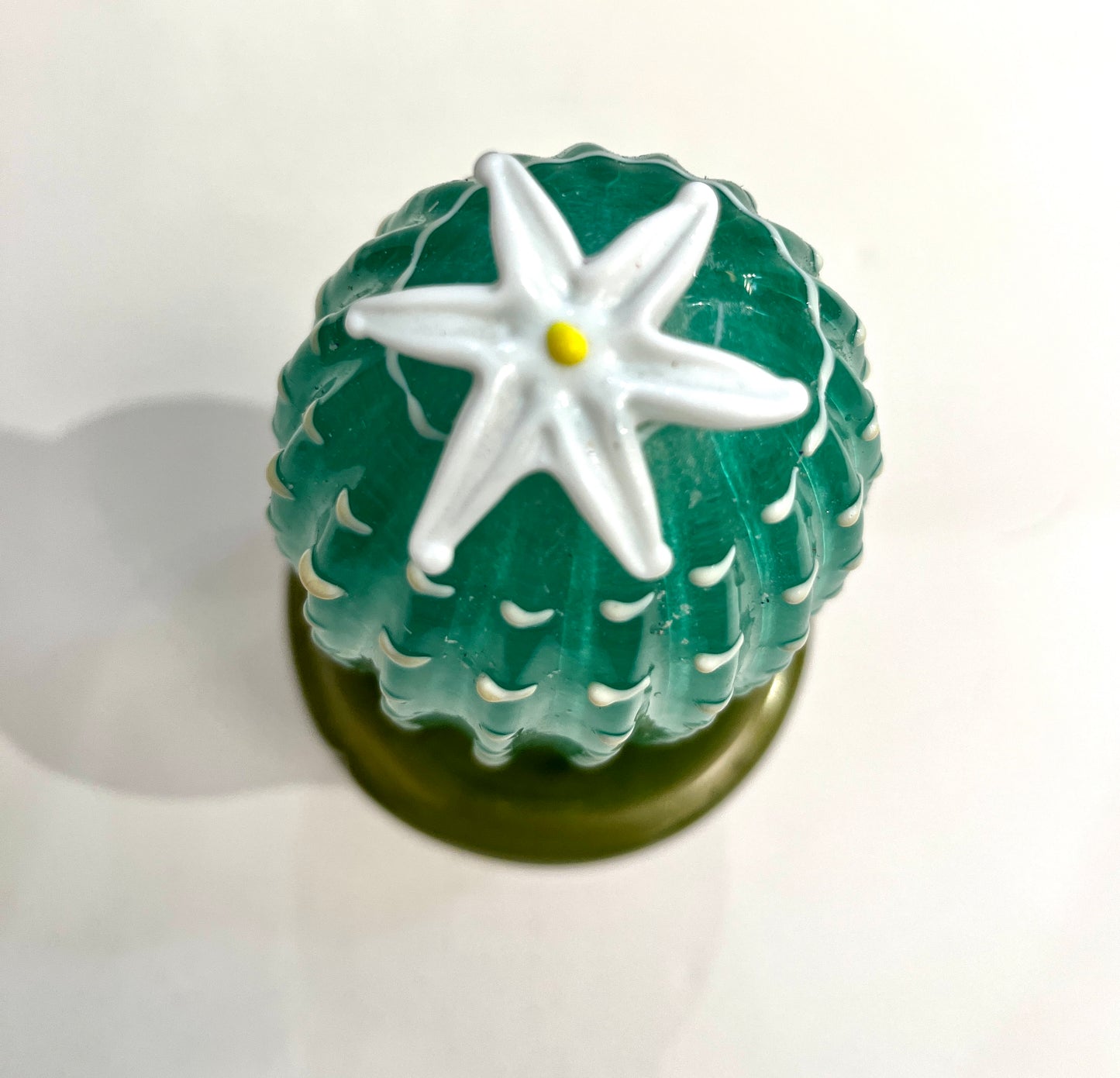 2000s Italian Moss Green Gold Murano Art Glass Cactus Plant with White Flower