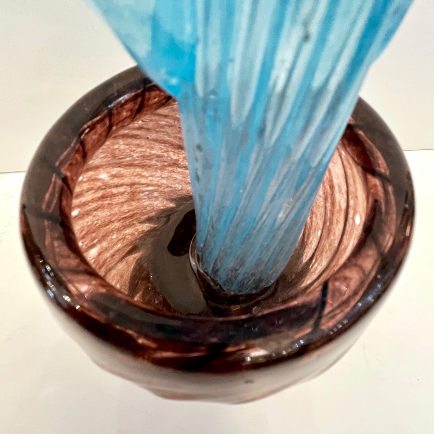 1990s Italian Sky Blue Leaves Murano Art Glass Cactus Plant in Purple Pot