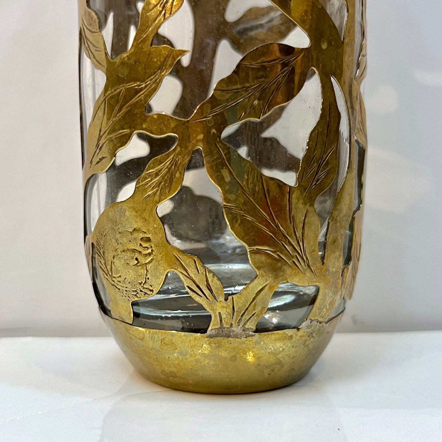 1960 Mexican Set 4 Drinking Glasses Encased in Etched Cutwork Floral Brass Decor