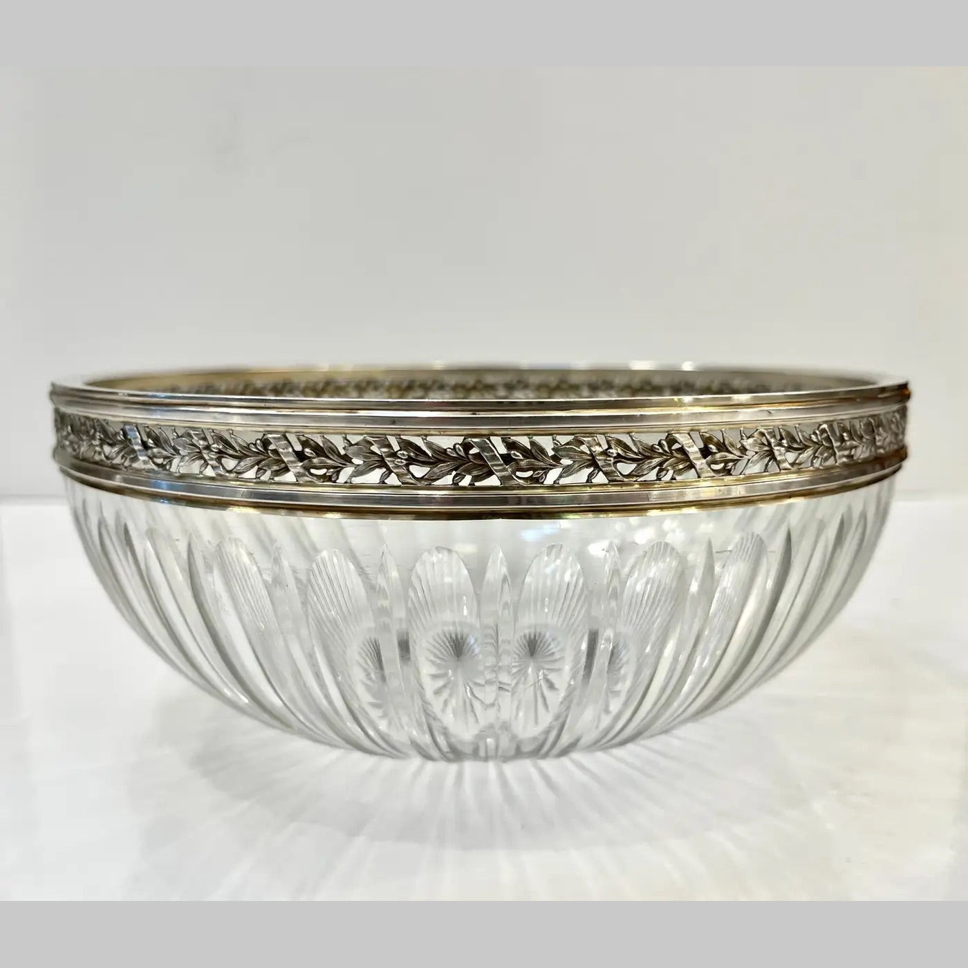 Antique French Neoclassical Foliage Decor Silver Plated Rim Cut Crystal Bowl
