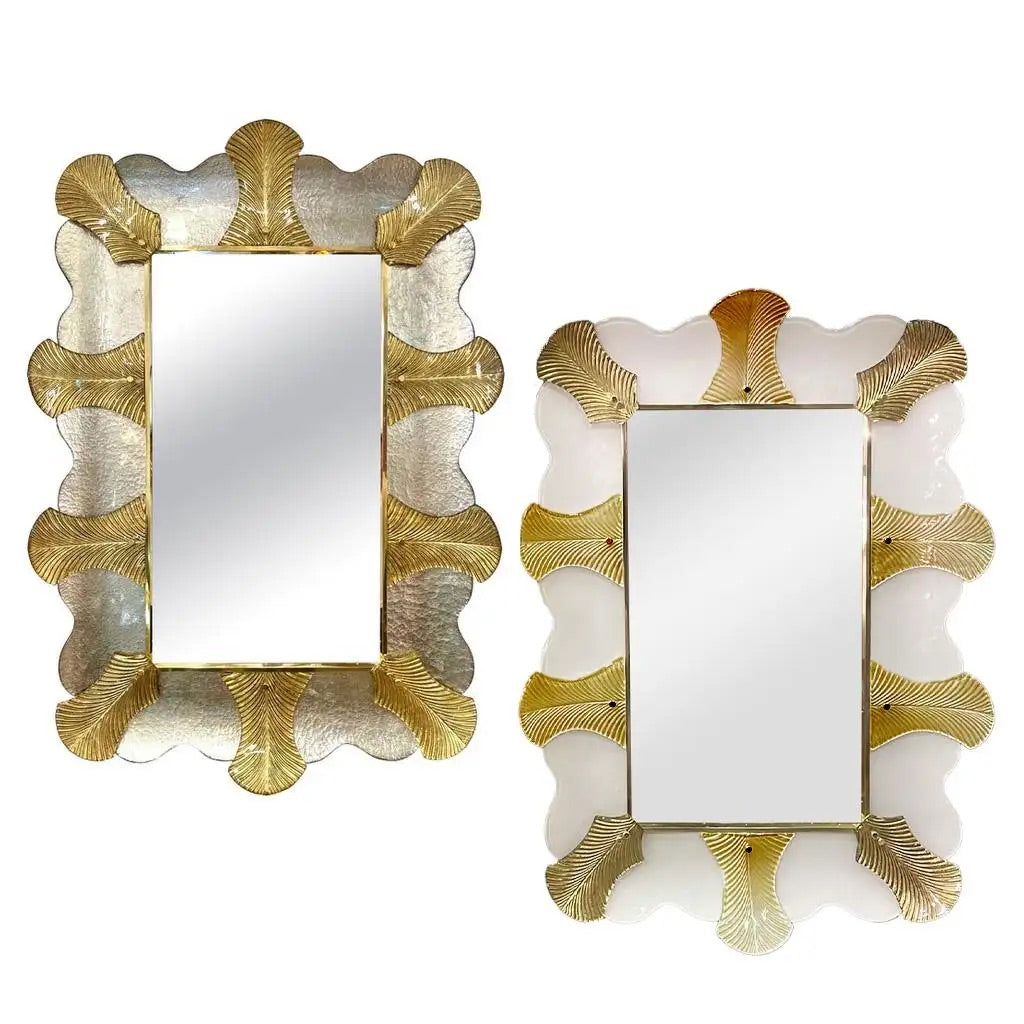 Bespoke Italian Art Deco Style Curved Leaf White Gold Murano Glass Brass Mirror