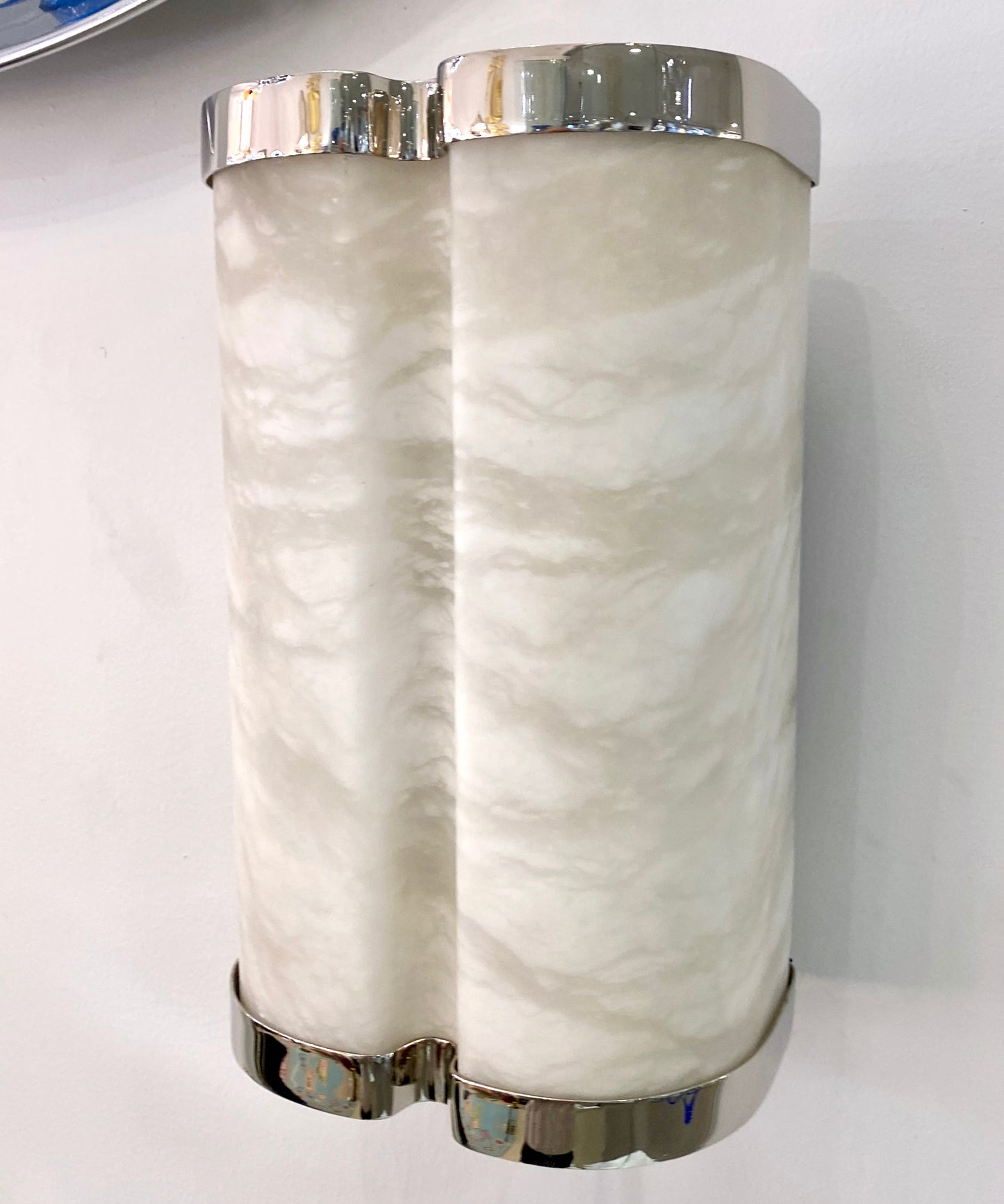 Bespoke Italian Art Deco Style Cream White Alabaster Nickel Pair Curved Sconces