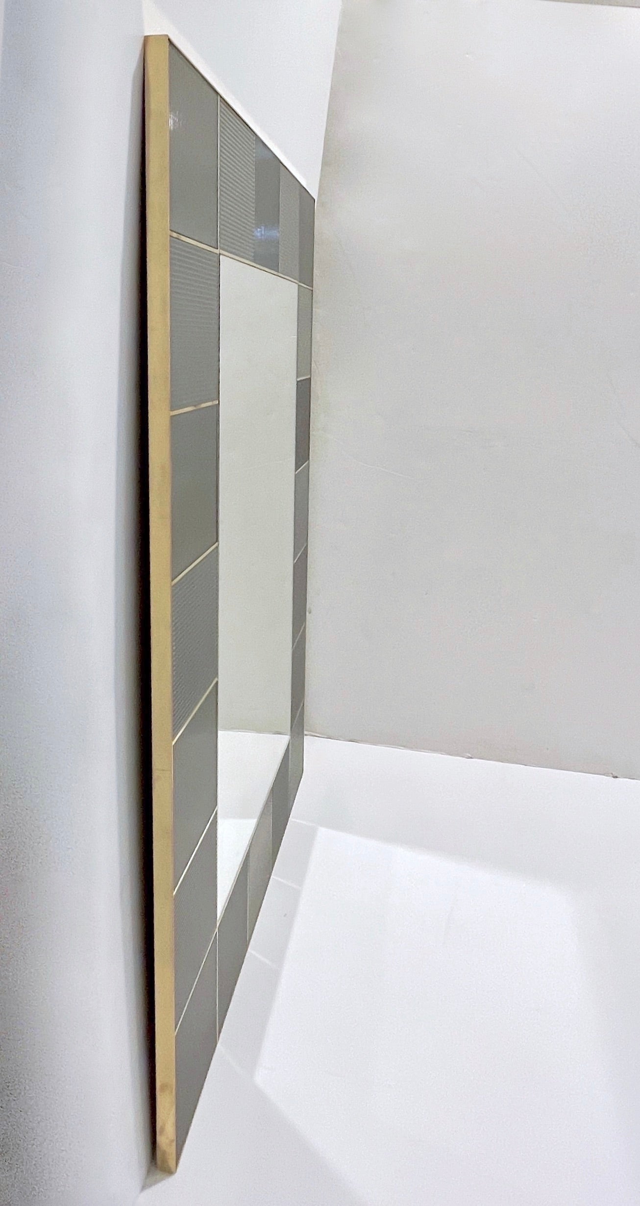 Custom Italian Art Deco Silver Gray Murano Glass Geometric Tile Brass Mirror