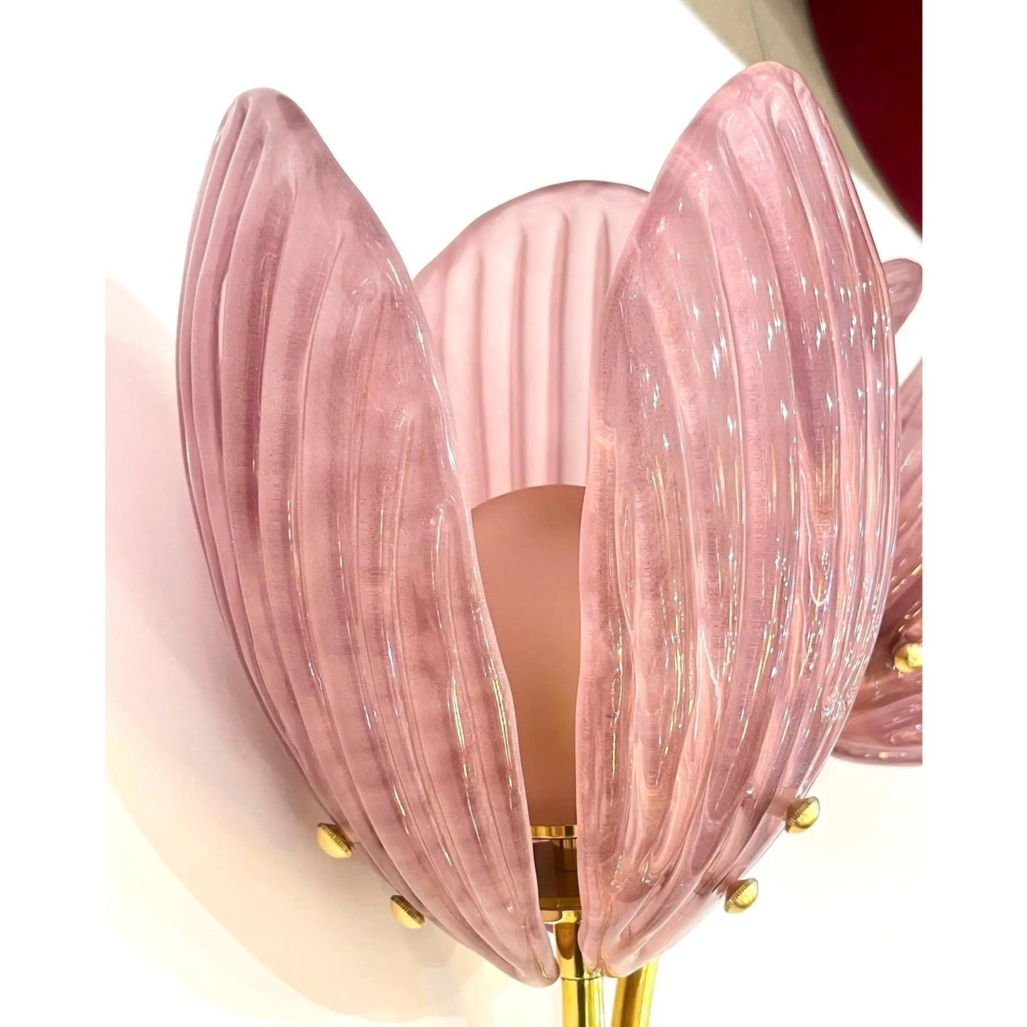 Customizable Italian 2-Branch Pink Murano Glass Tulip Flower Gold Brass Sconces