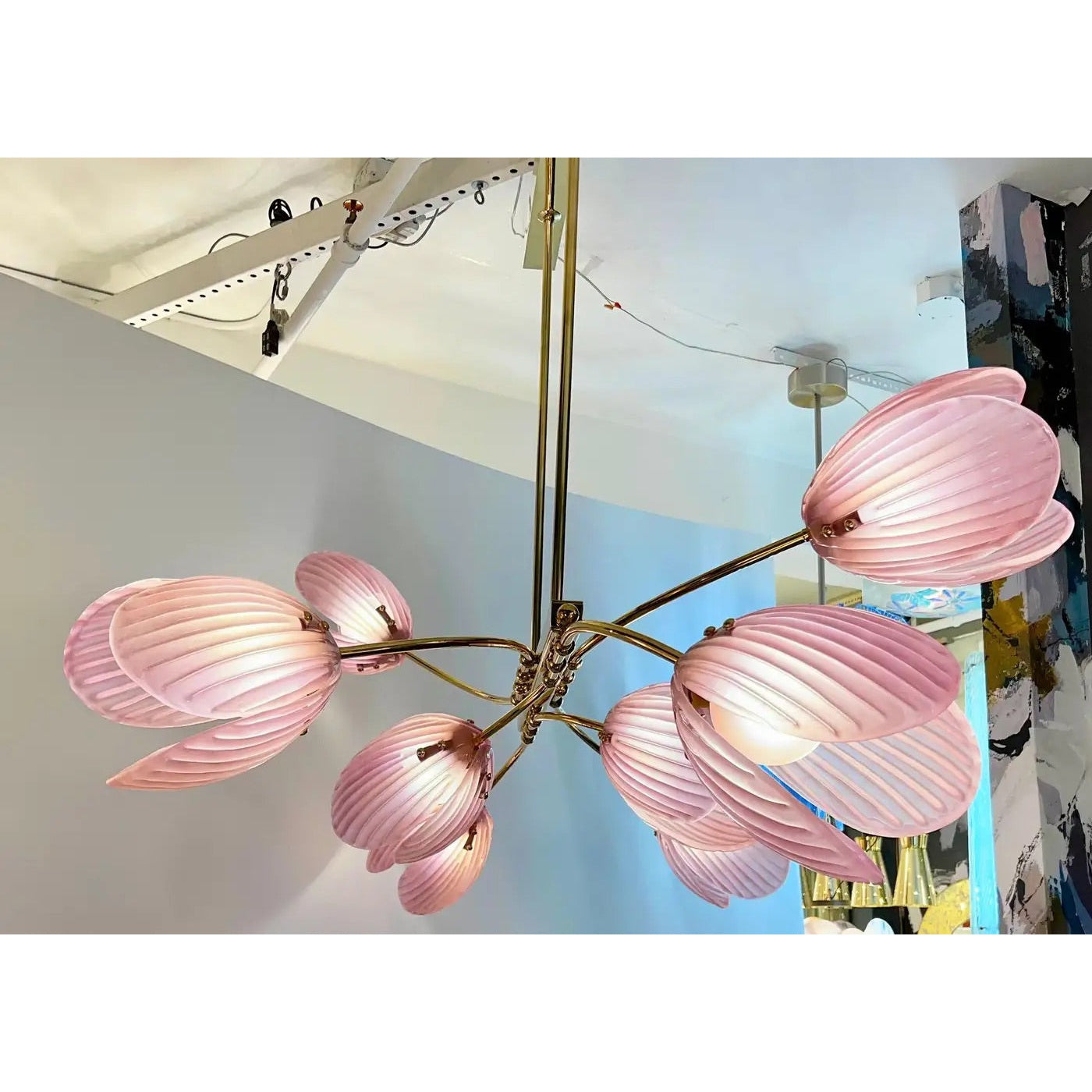 Modern Italian Pink Murano Glass Tulip Flower 8 Branch Airy Brass Chandelier