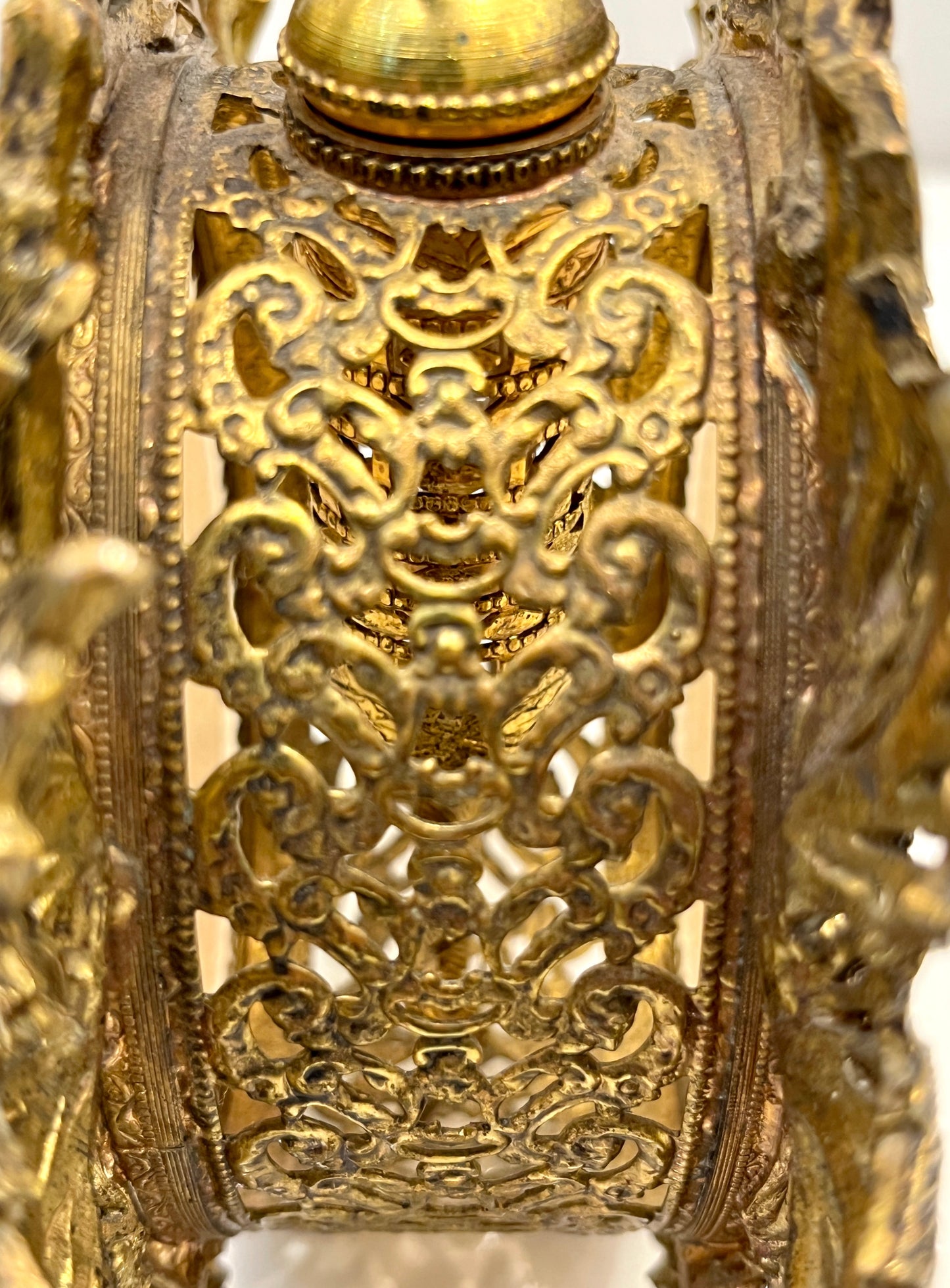 Antique French Pair of Gilt Brass Filigree & Glass Rococo Style Perfume Bottles