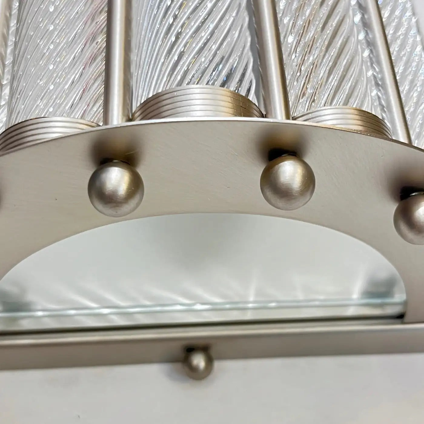 Italian Art Deco Design Pair Crystal Murano Glass Half Moon Satin Nickel Sconces