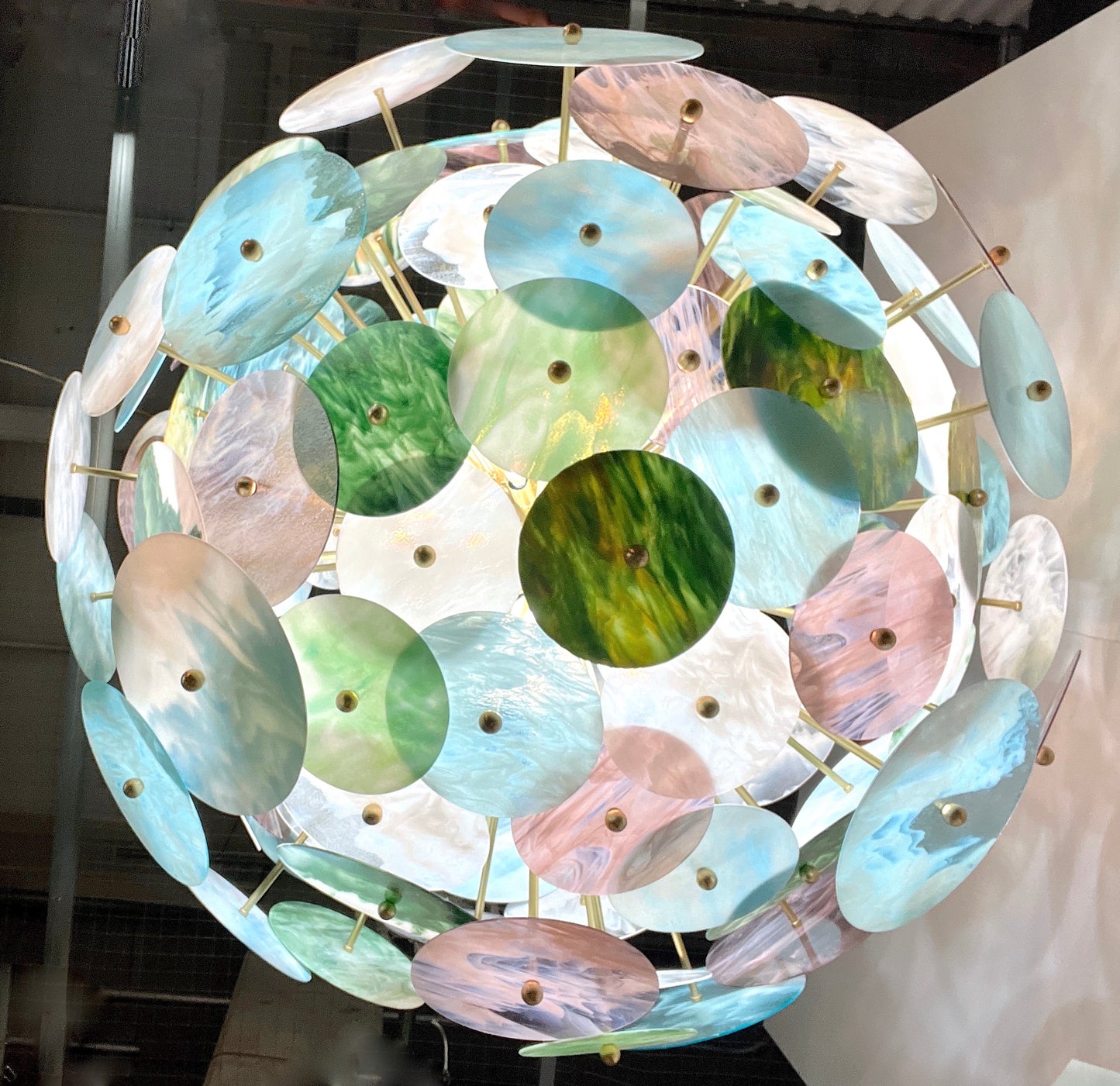 Italian Monumental Blue Pink Pastel Murano Glass Round Brass Sputnik Chandelier