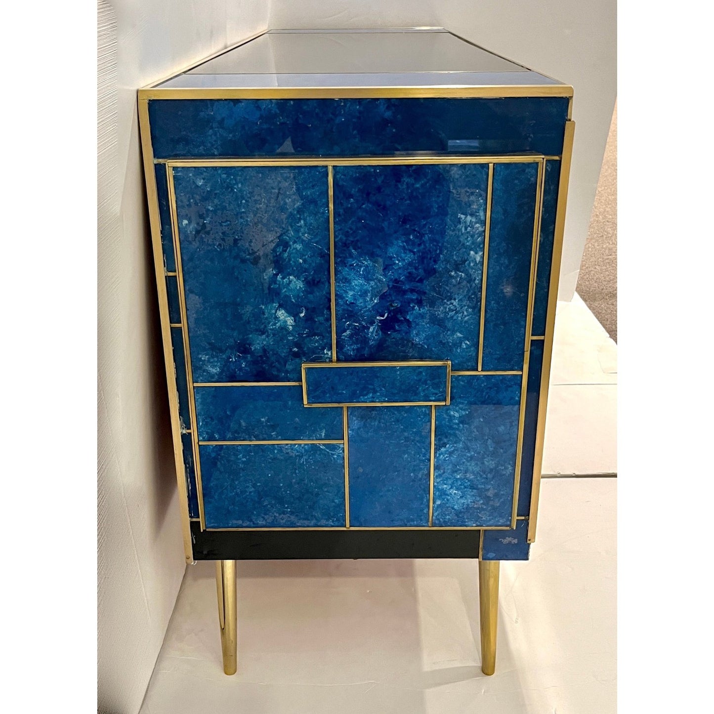 1980s Italian Post Modern Vintage Blue Black Brass 3-Door 3-Drawer Cabinet