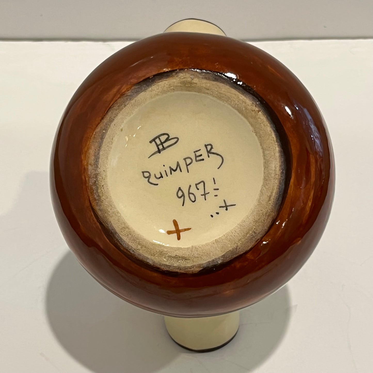 1930 French Henriot Quimper Faience Handle Dual Spout Yellow Pot Man Woman Decor