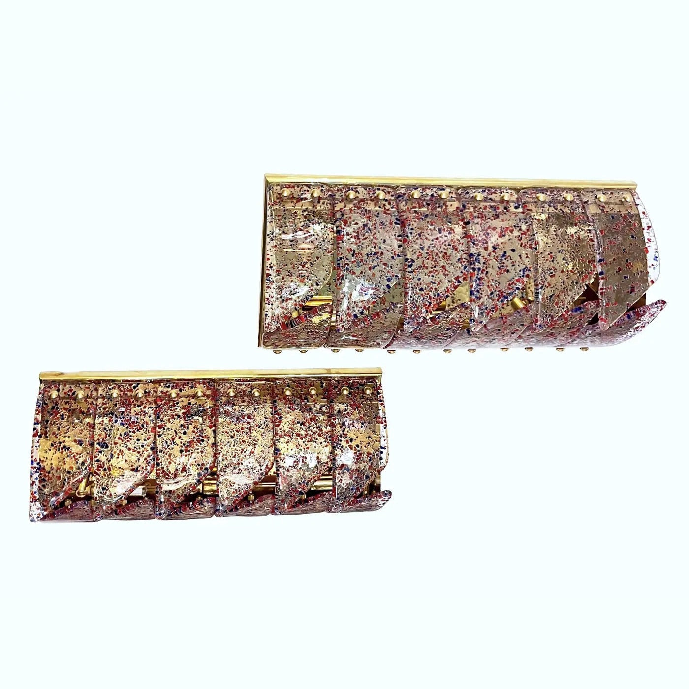 Vintage Italian Pair Polychrome Pattern Murano Glass Brass Sconces Flush Mounts