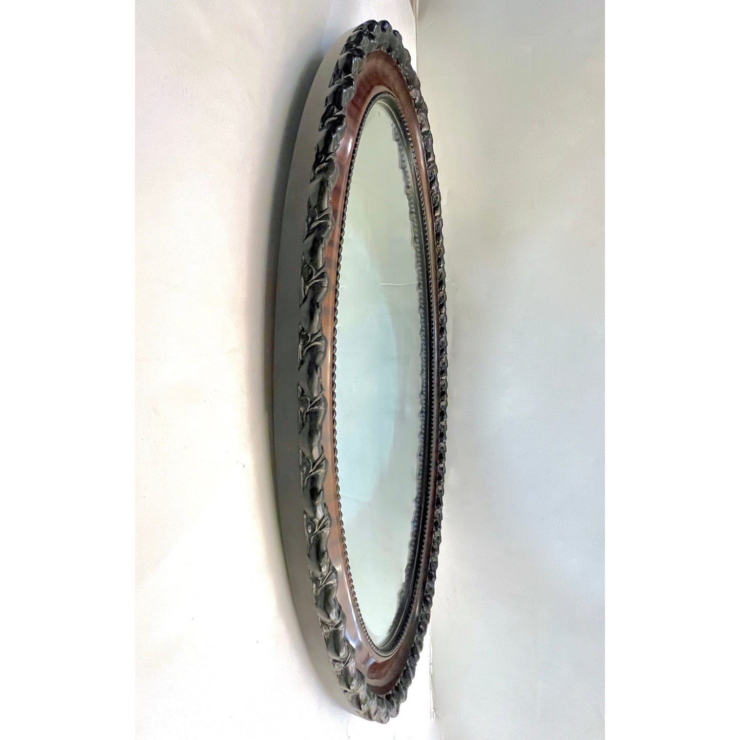Antique English Edwardian Ebony Macassar Veneer Black Brown Oval Mirror