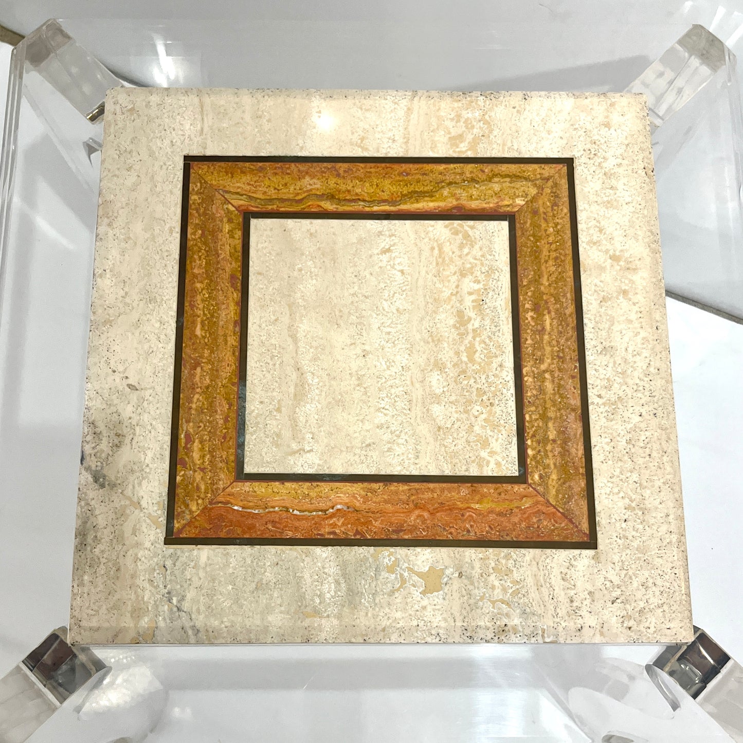 1970s Vintage Italian Lucite Pair of Tables with Encased Travertine & Marble Top