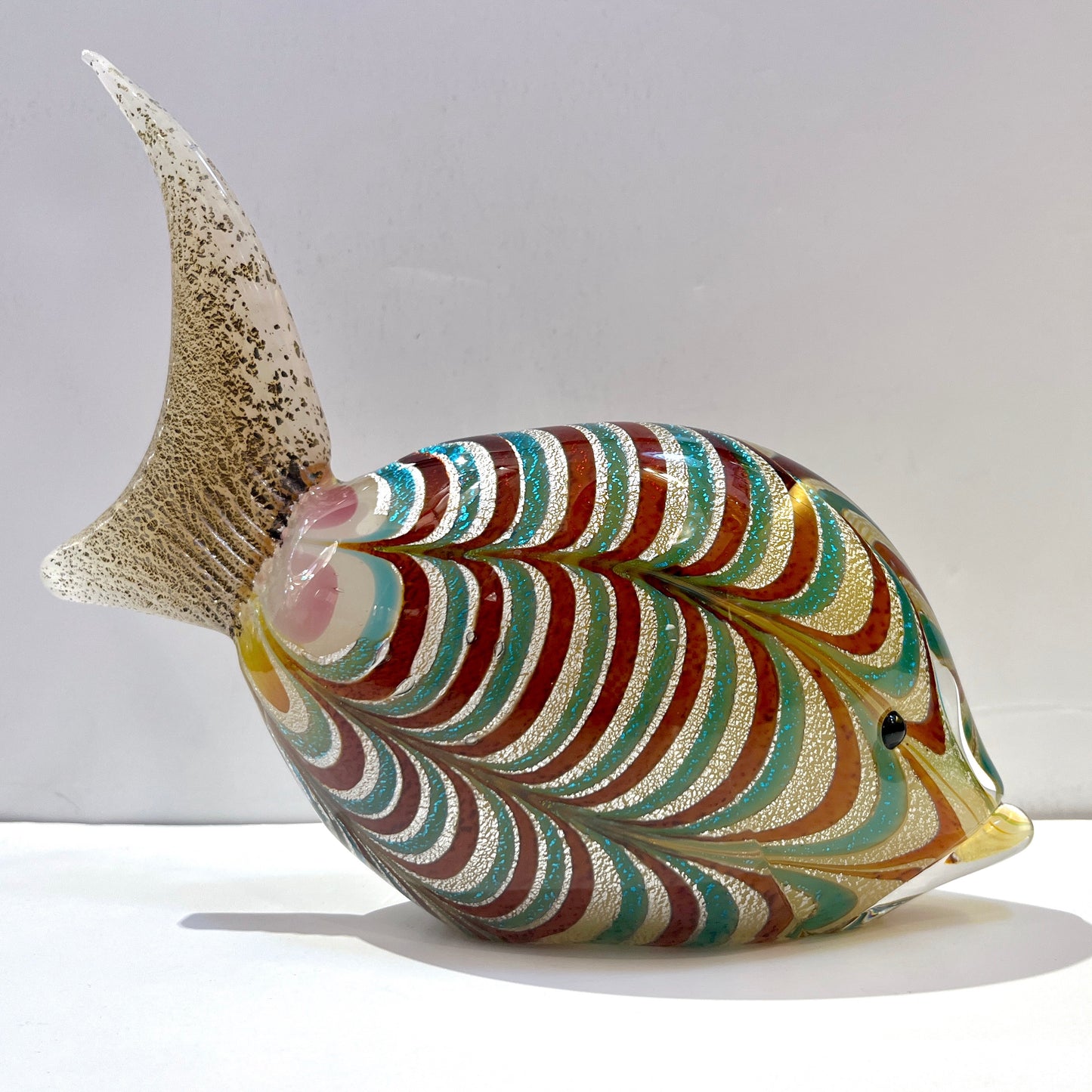 Murano Vintage Amber Silver Brown Turquoise Blue Art Glass Fish Sculpture