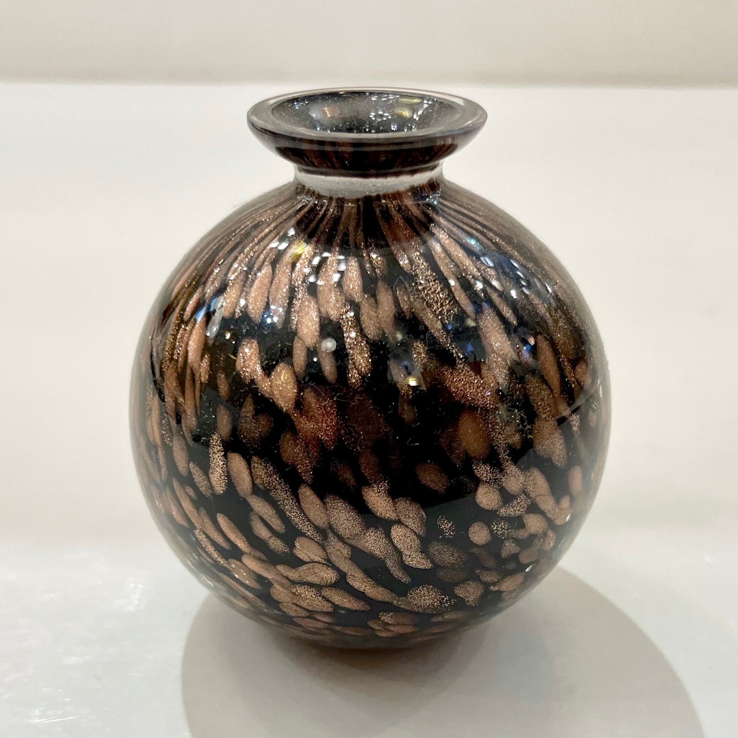 1991 Italian Murano Art Glass Black Copper Sommerso Single Flower Round Vase