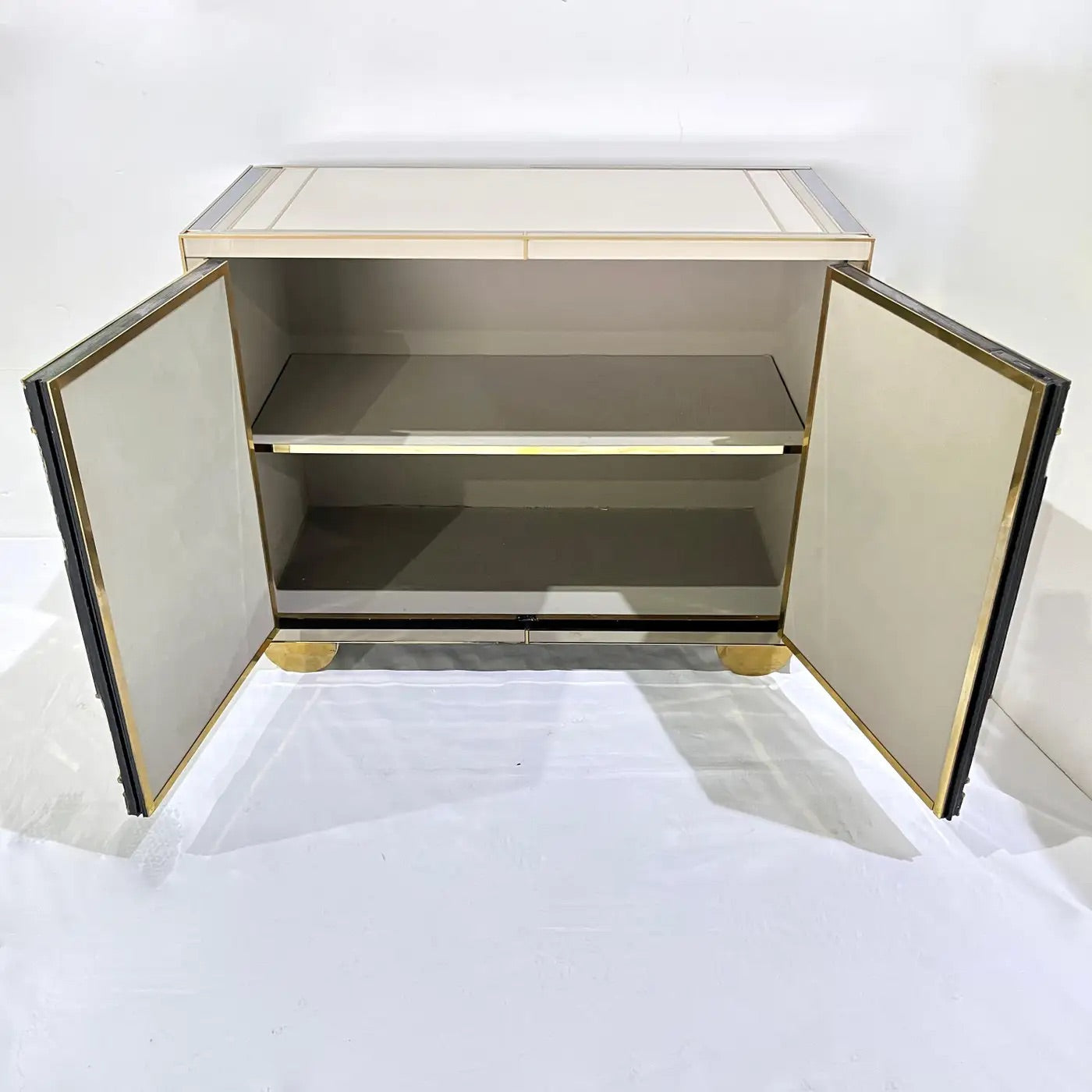Italian Bespoke Modern Ivory Cabinets with Blue Gold Brass New York City Outline