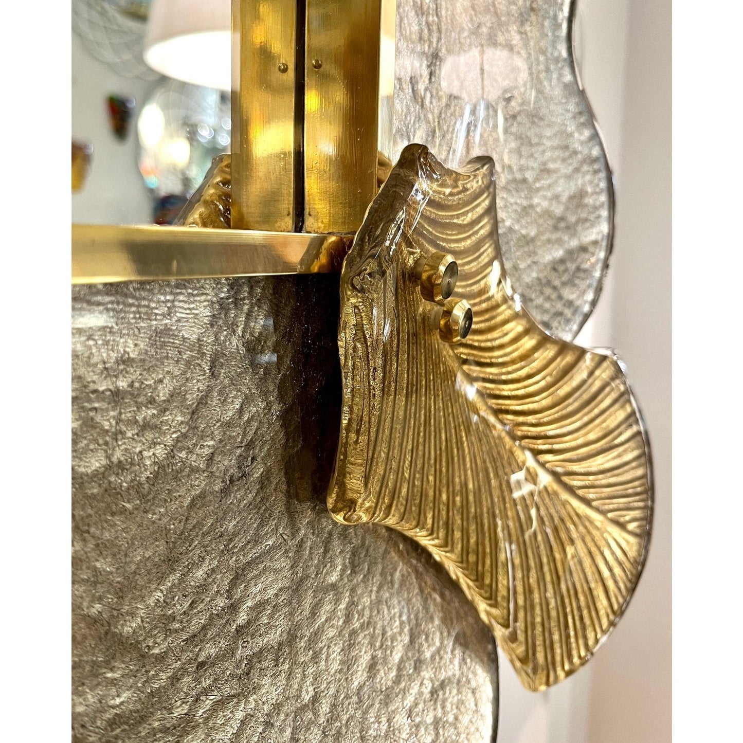 Bespoke Italian Pair of Art Deco Style Curved Leaf Murano Glass Brass Mirror