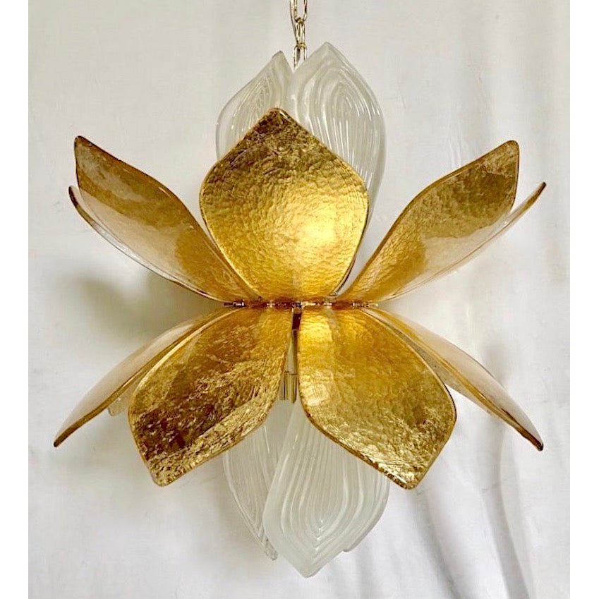 Contemporary Pair of Italian Pink Gold Murano Glass Brass Flower Chandeliers