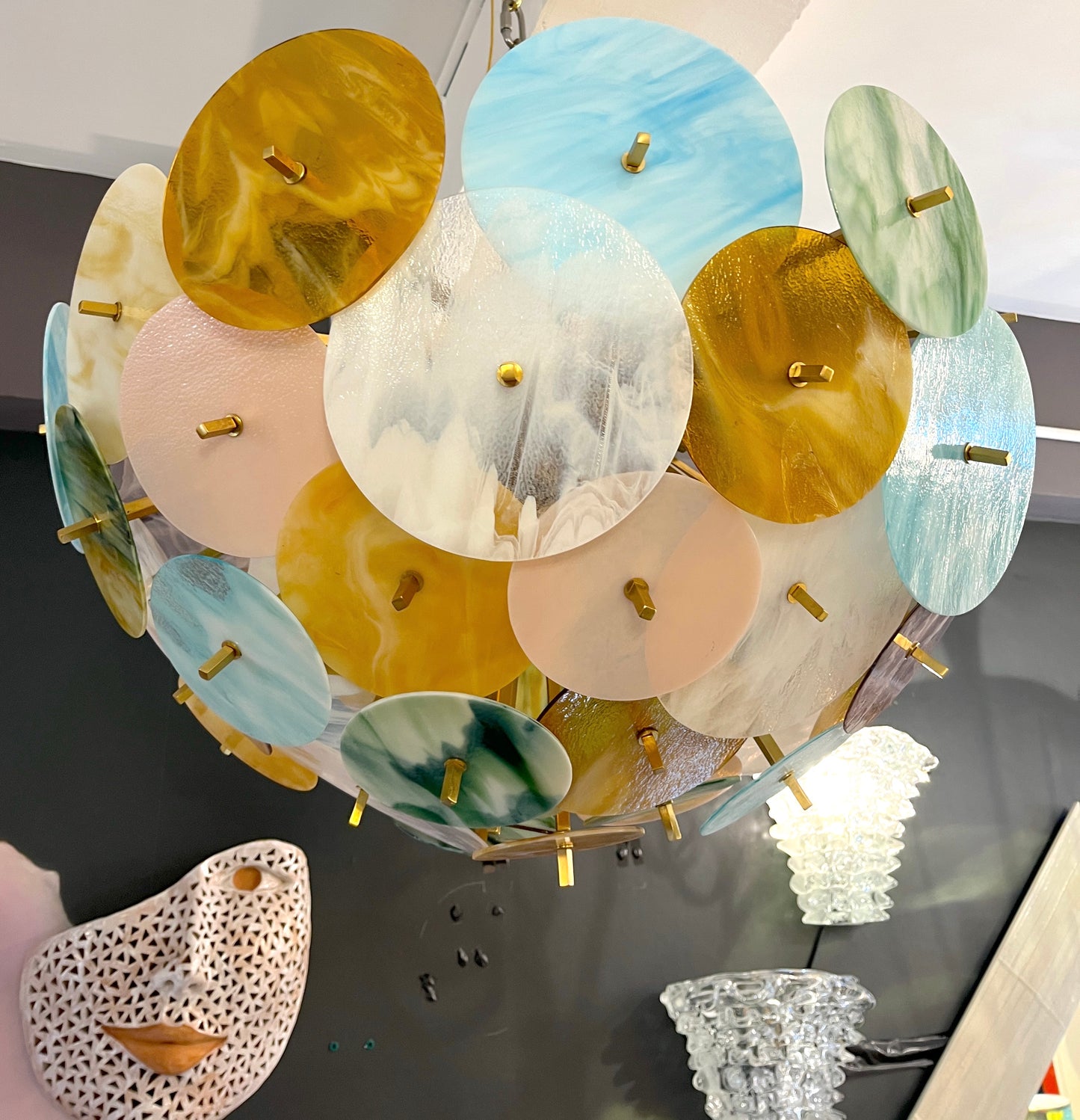 Contemporary Italian Amber White Aqua Blue Green Murano Glass Sputnik Flushmount