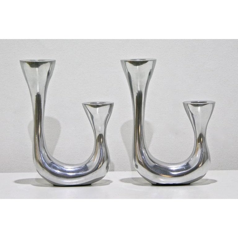 1970s Vintage Italian Pair of Polished Cast Aluminum Modern Candle Holders