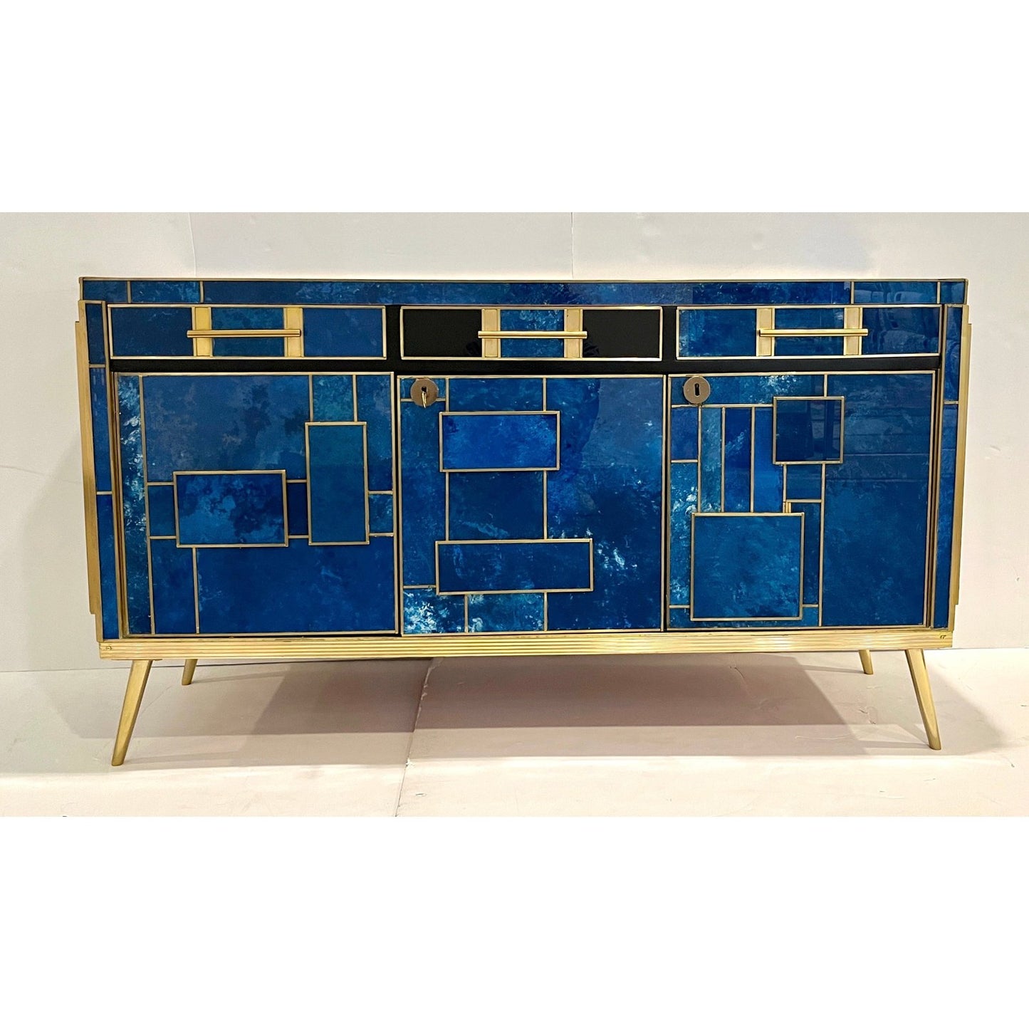 1980s Italian Post Modern Vintage Blue Black Brass 3-Door 3-Drawer Cabinet