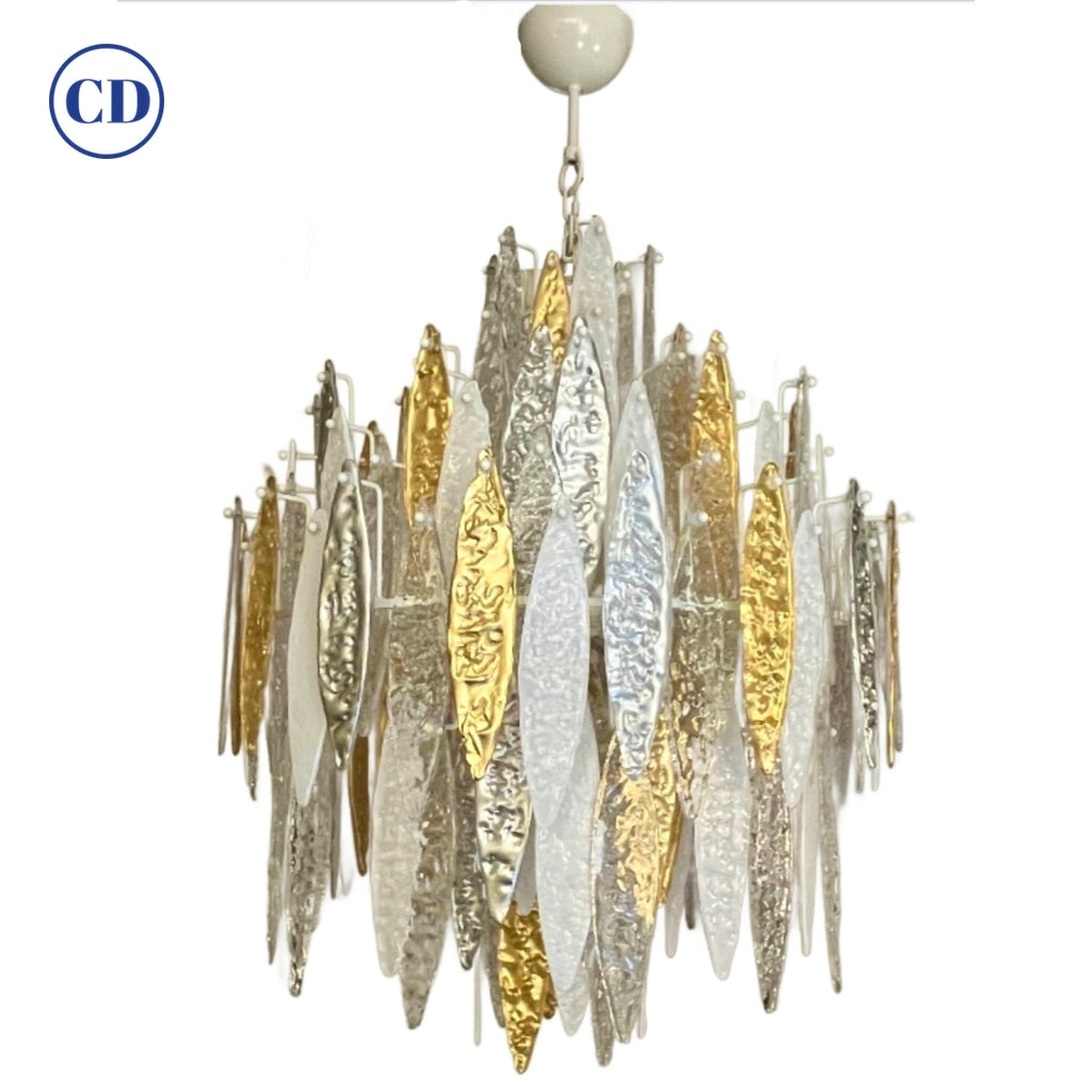 Modern Italian Silver Gold Frosted White Crystal Murano Glass Icicle Chandelier