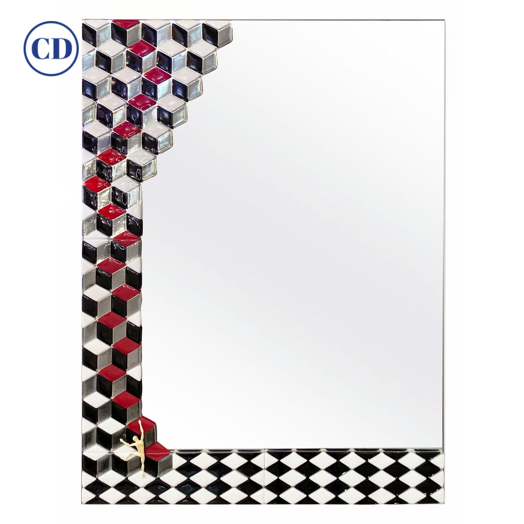 Customizable Escher Inspired Italian Red Black White Smoked Murano Glass Satin Mirror