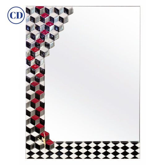 Customizable Escher Inspired Italian Red Black White Smoked Murano Glass Satin Mirror