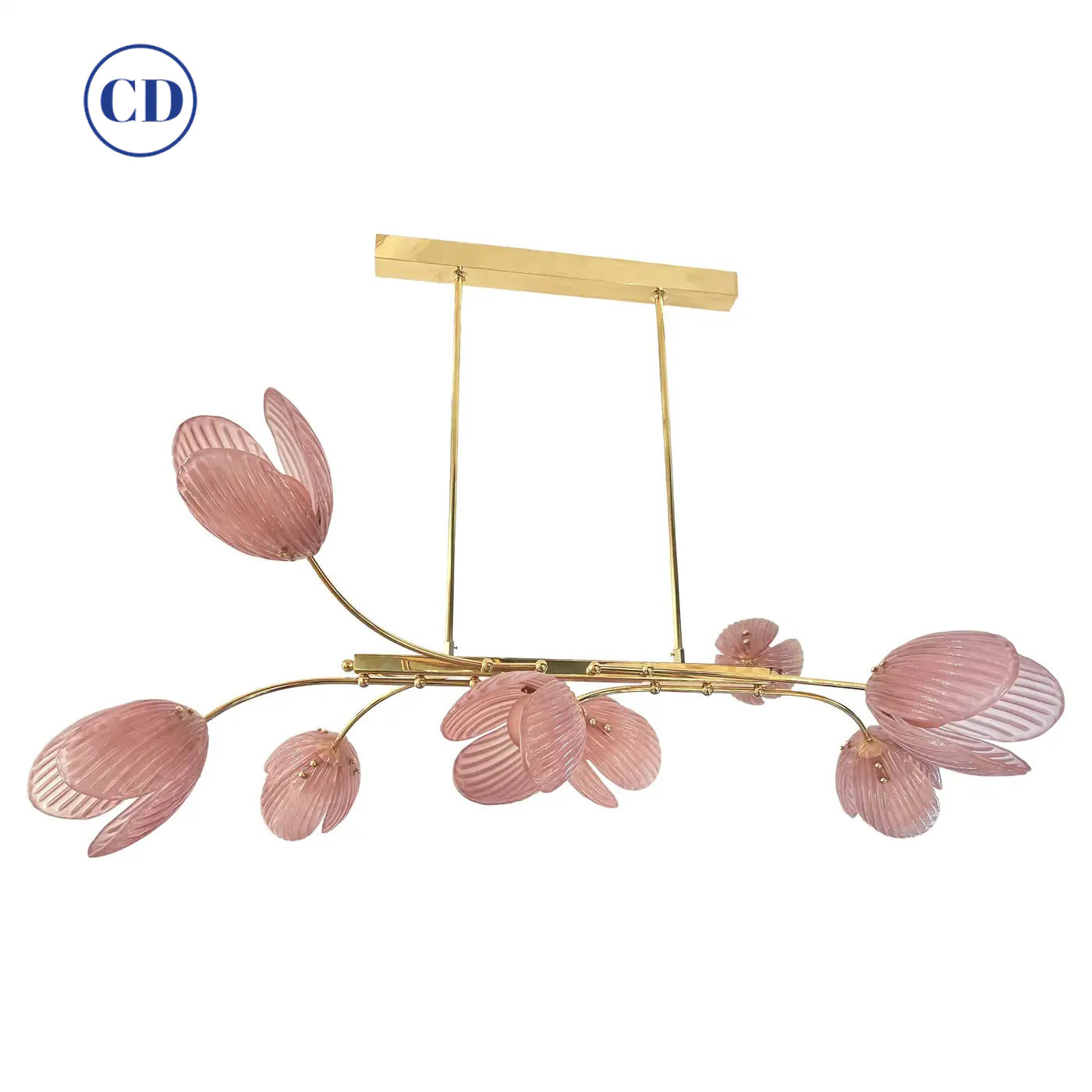 Modern Italian Pink Murano Glass Tulip Flower 8 Branch Airy Brass Chandelier