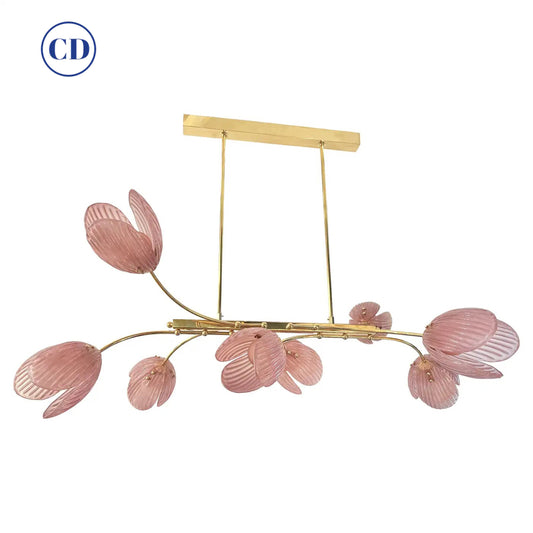 Modern Italian Pink Murano Glass Tulip Flower 8 Branch Airy Brass Chandelier