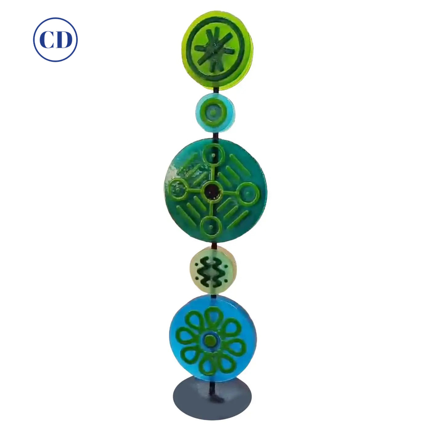 Contemporary Italian Round Green Blue Murano Glass Double Discs Totem Floor Lamp
