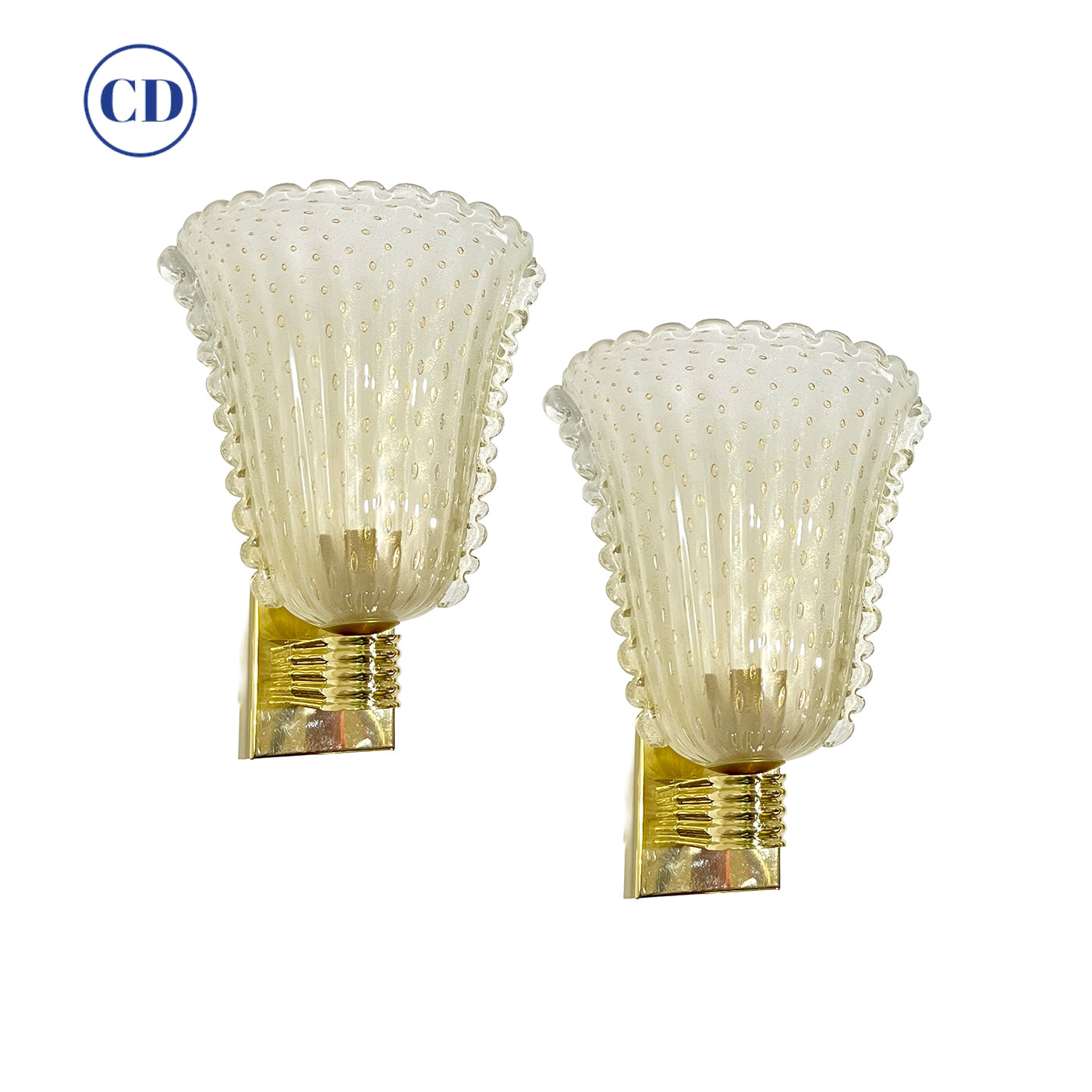 Contemporary Italian Art Deco Design Gold Leaf Frosted Murano Glass Bowl Sconces