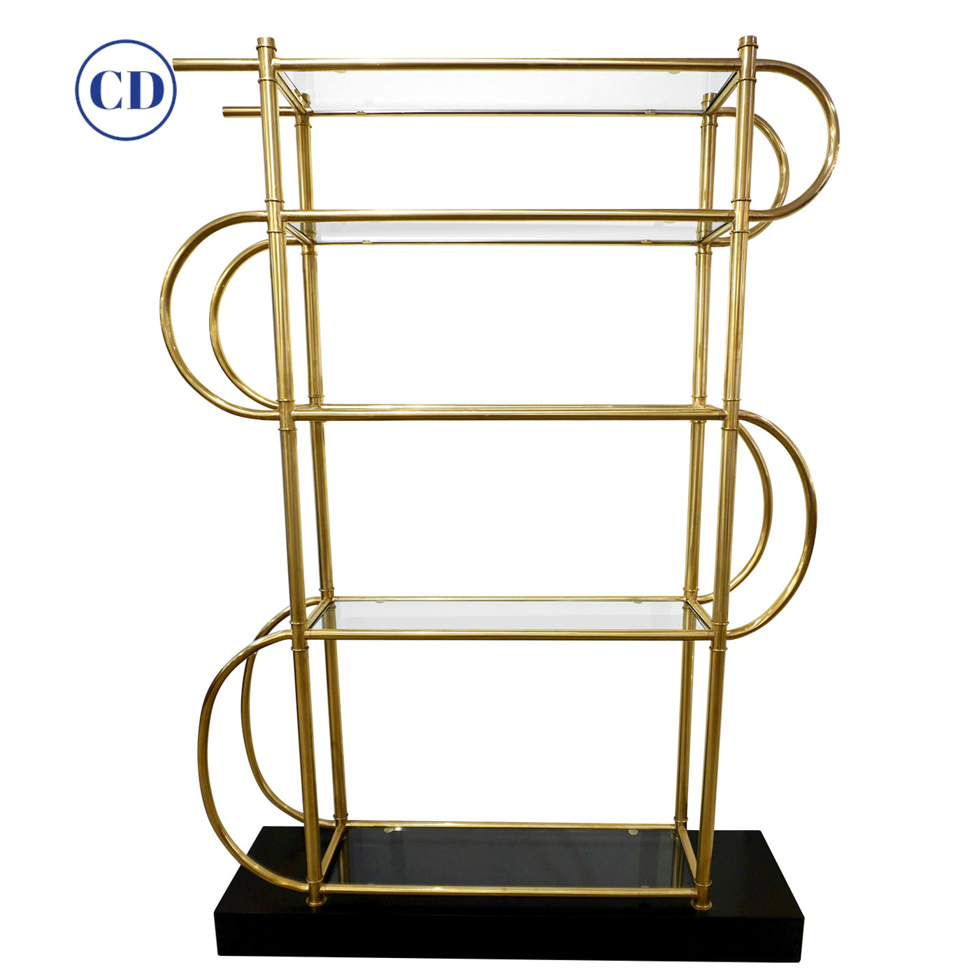 Customizable Italian Modern Gold Brass Tubular Shelving Unit Étagère on Black Lacquered Base