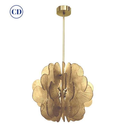 Modern Italian Wavy Beige Textured Murano Glass Satin Brass Pendant/Chandelier