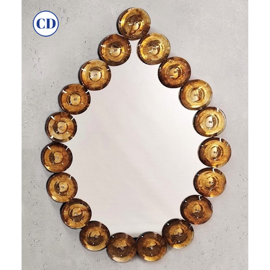 Contemporary Italian Custom Amber Murano Glass Disk Drop Shape Modern Mirror